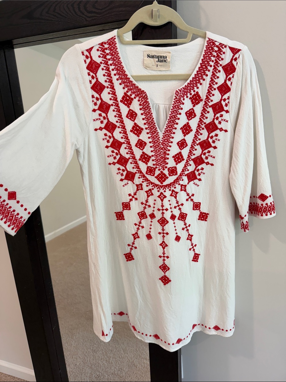 Savanna Jane White Tunic Dress with Red Geometric Embroidery